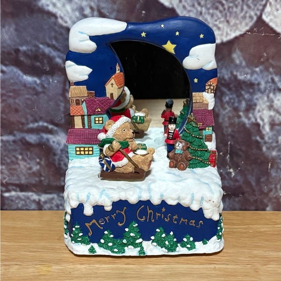 Mirrored Teddy Bear Music Box Moving Sled Merry Christmas By Holly Tree - Picture 1 of 9